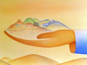 peinture montrant une main soutenant un paysage, illustration de notre maison commune.
