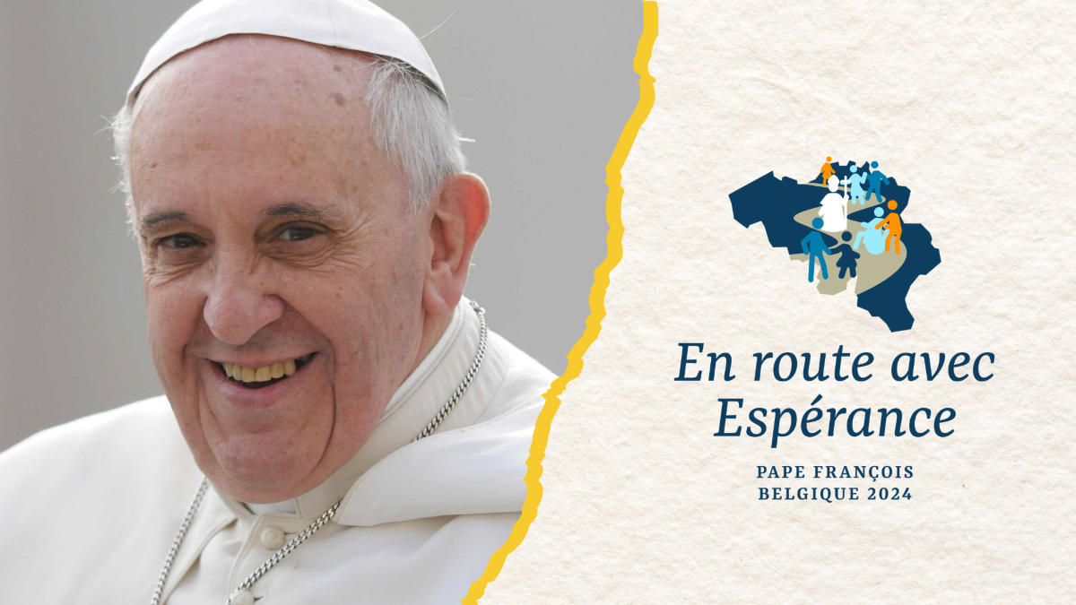 bannière avec le visage du Pape François et le logo de sa visite "En route avec Espérance"