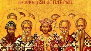 icône représentant l'empereur Constantin et les évêques participants au concile de Nicée.