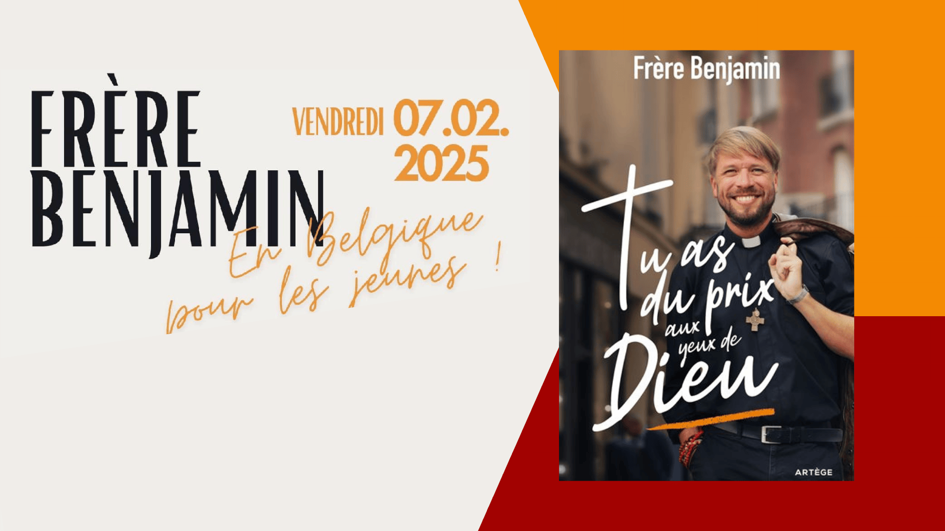 Bannière pour la venue de Frère Benjamin à La Hulpe le 7 février 2025.