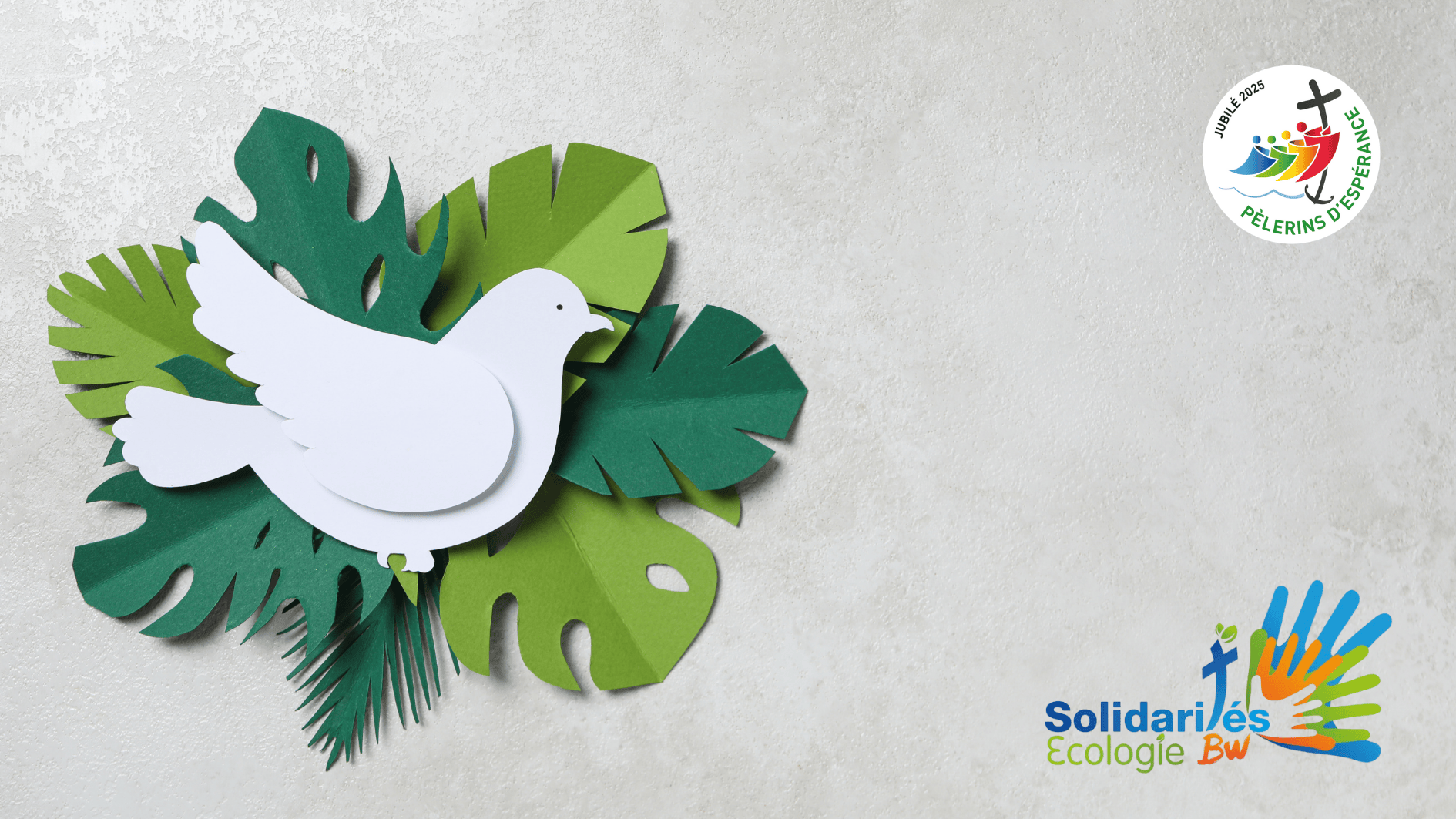 Bannière figurant une colombe, signe d'Espérance. Elle illustre la conférence du Service des Solidarités du 14 mai 2025