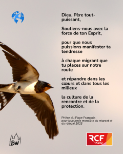 Image avec une hirondelle et une prière du Pape François pour les Migrants