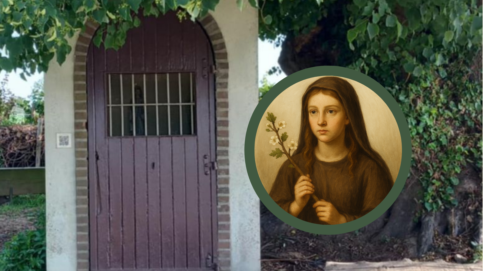 Bannière représentant la photo d'une potale sous un arbre avec le portrait de Sainte Ermelinde.