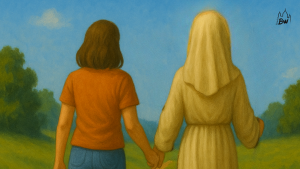 Bannière illustrant l'article sur la physionomie des saintes du Brabant wallon. On y voit une sainte du 7ème siècle marchant de dos en tenant par la main une femme contemporaine.