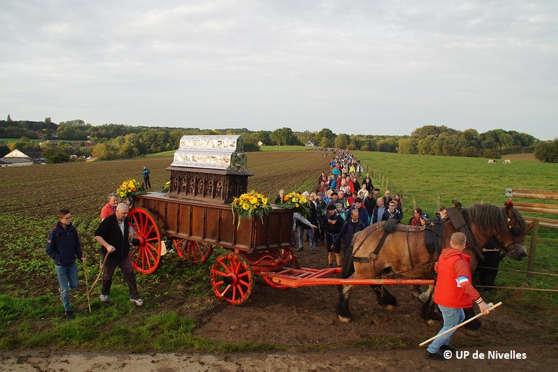 Photo du Tour Sainte Gertrude 2017, on voit le char portant les reliques et la foule dans la campagne nivelloise