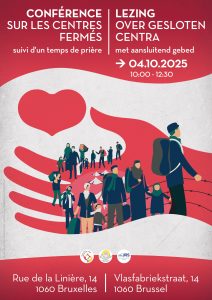 bannière pour la conférence sur les centres fermés à BXL le 4 octobre 2025