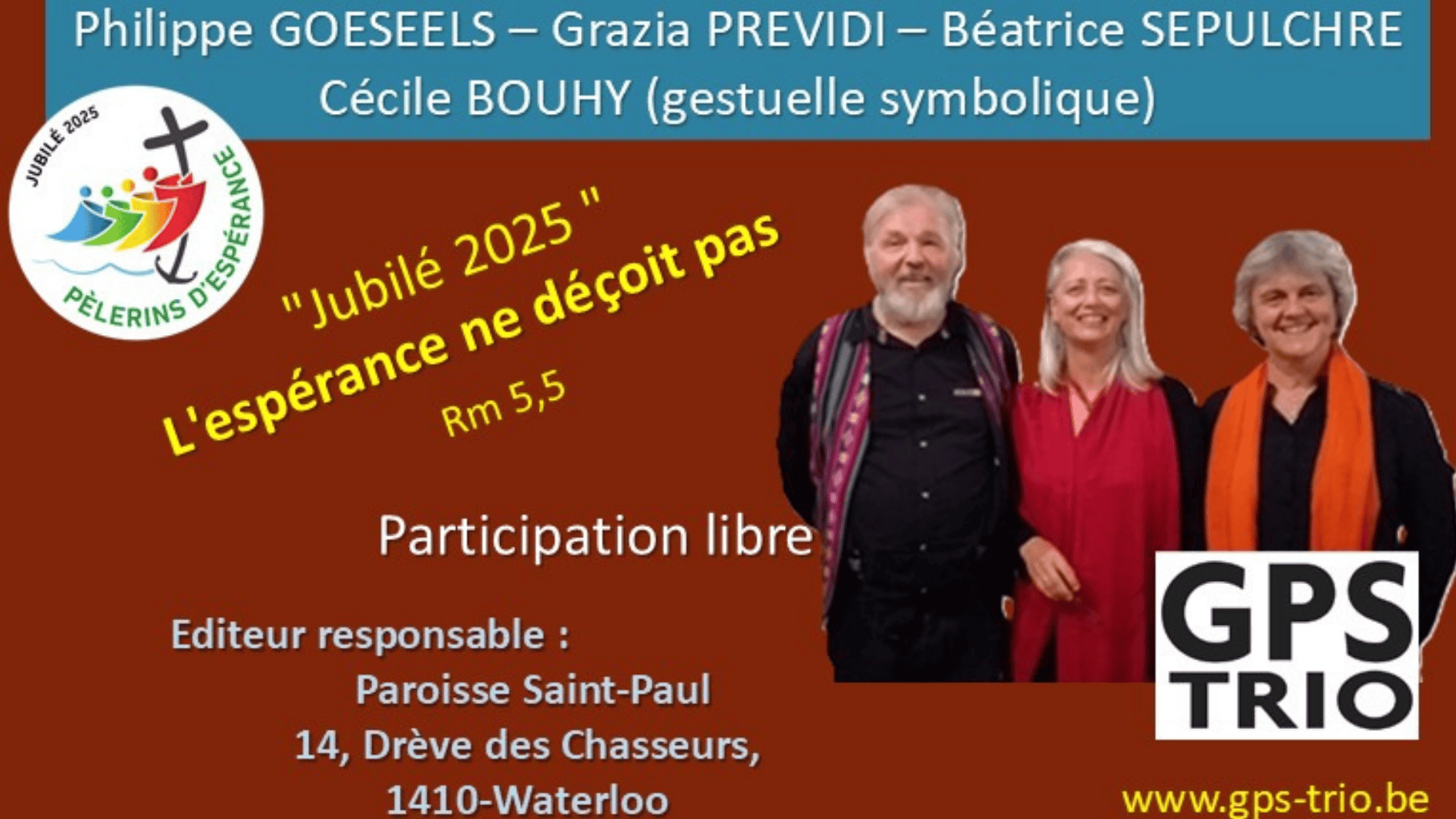 Bannière pour le concert de GPS Trio à Waterloo en octobre 2025