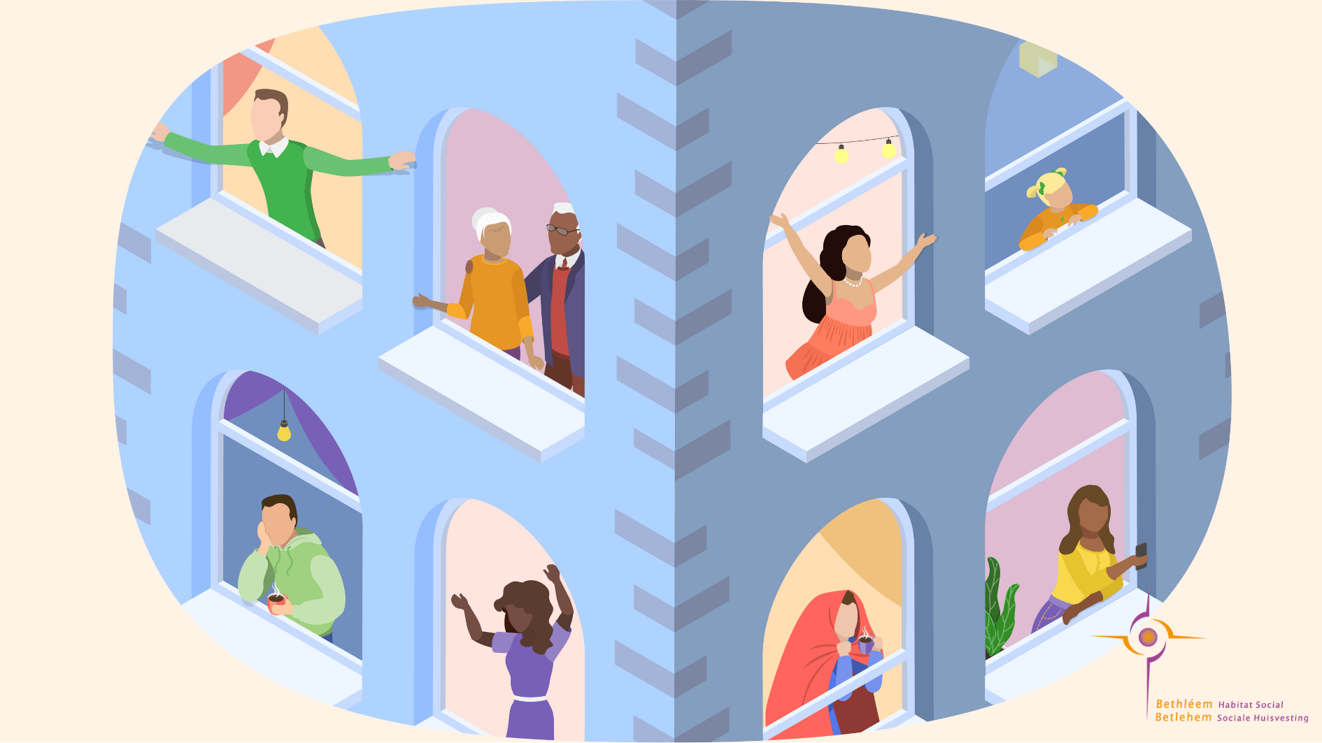 Illustration d'un bâtiment avec des gens aux fenetres