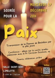 affiche de la soirée pour la paix avec la flamme de bethleem et le frere christian eeckhout