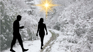Bannière pour l'article Vivre l'Avent et se préparer à Noël. On y voit la silhouette d'un homme et d'une femme, cheminant sur un chemin enneigé vers une étoile brillante