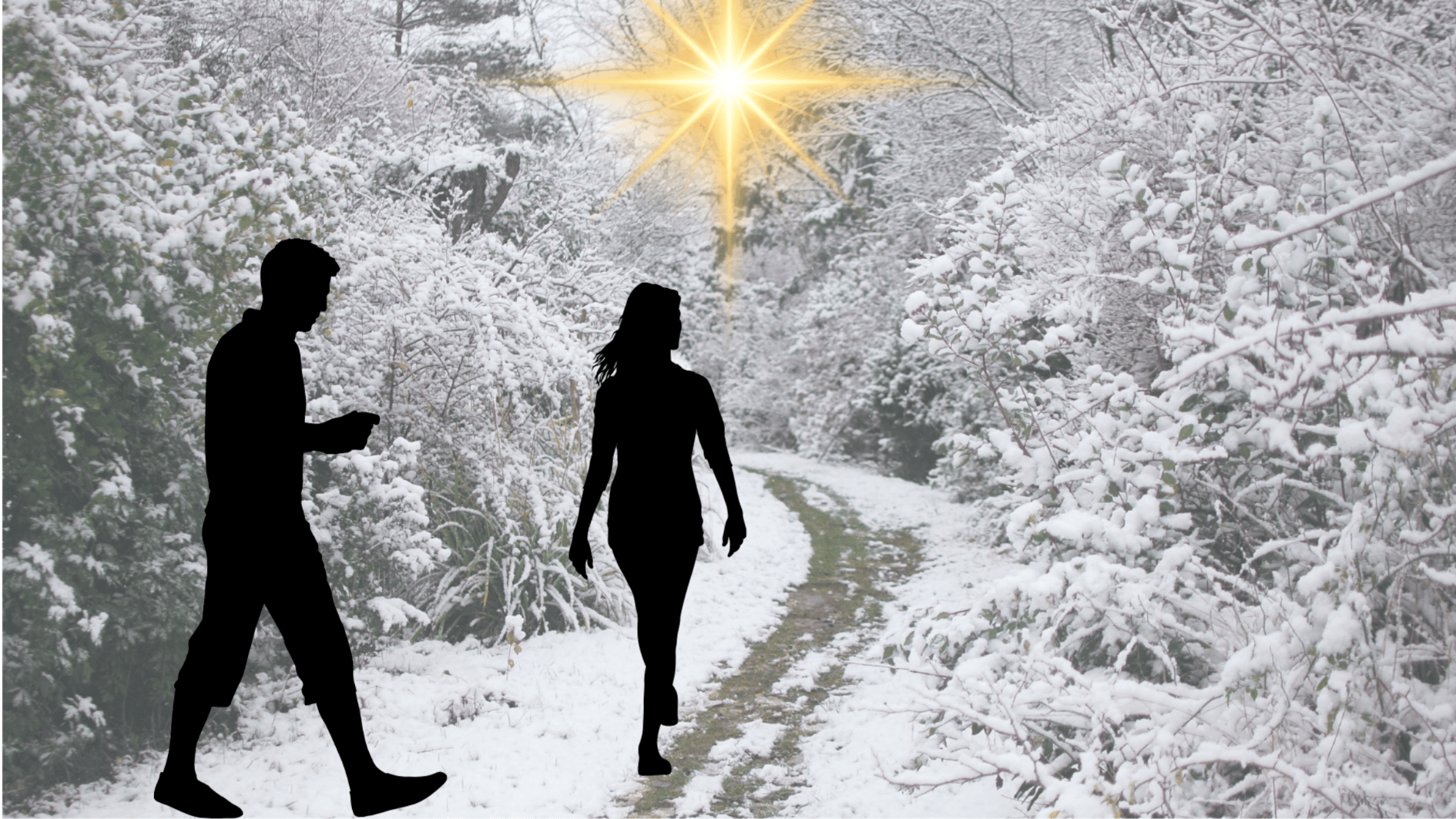 Bannière pour l'article Vivre l'Avent et se préparer à Noël. On y voit la silhouette d'un homme et d'une femme, cheminant sur un chemin enneigé vers une étoile brillante