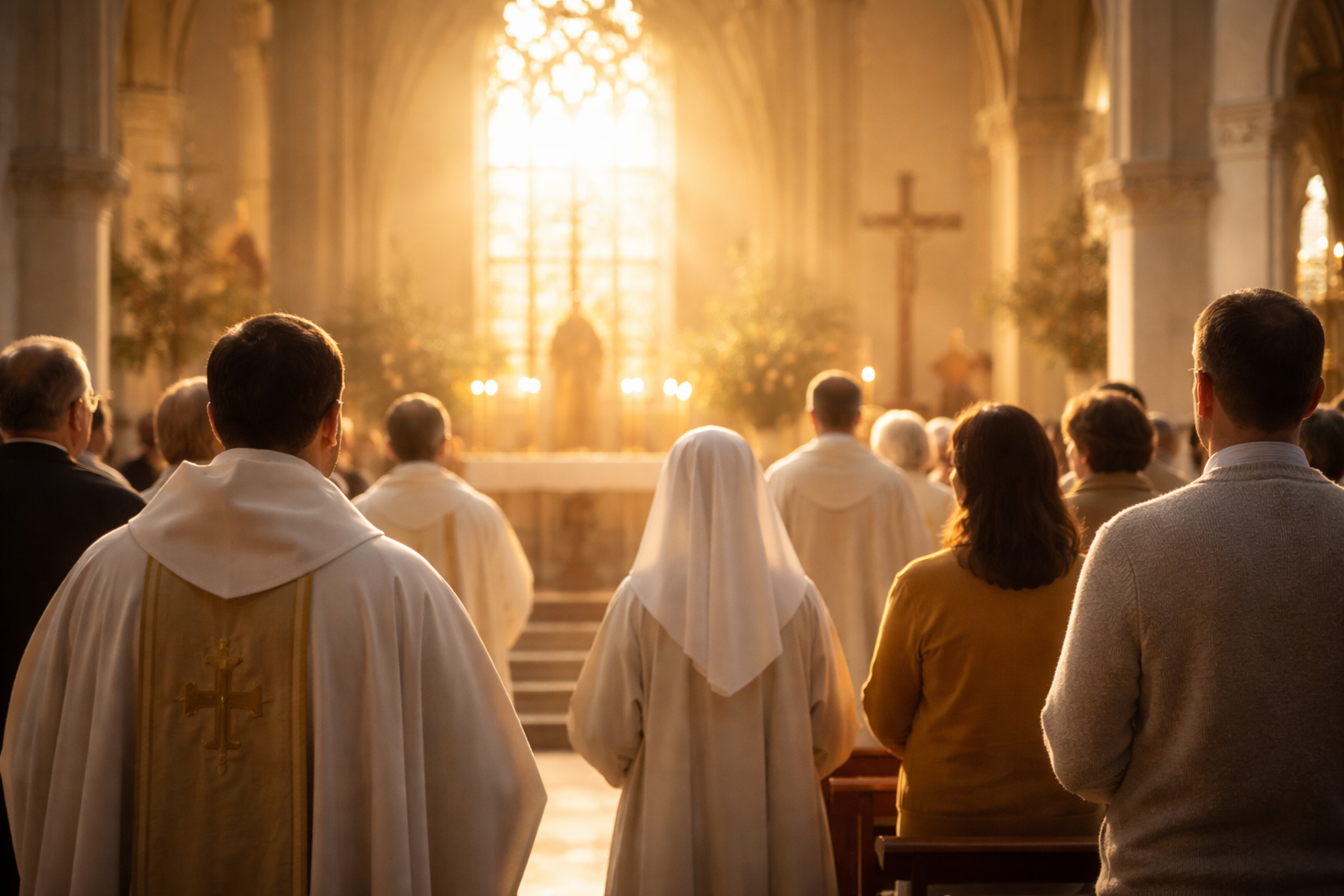 L'image générée par ChatGPT montre des religieux, religieuses, nonnes, prêtres et curés en train de prier dans une église pleine de lumière.