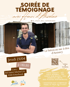 Affiche pour la soirée témoignage avec Henri d'Anselme, organisée par la pastorale des jeunes du Brabant wallon le 23 avril 2026