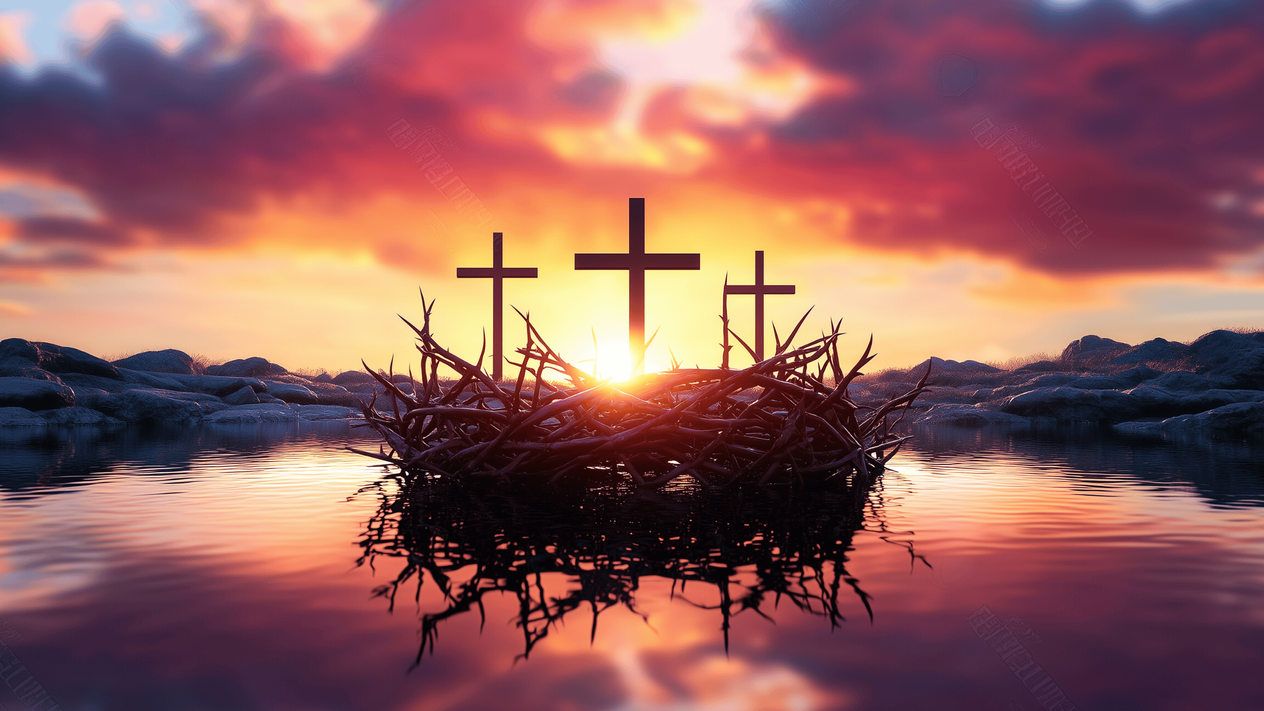 Photo d'un calvaire avec trois croix, monté sur une couronne d'épines sur fond de soleil de levant, symbole du Christ ressuscité.