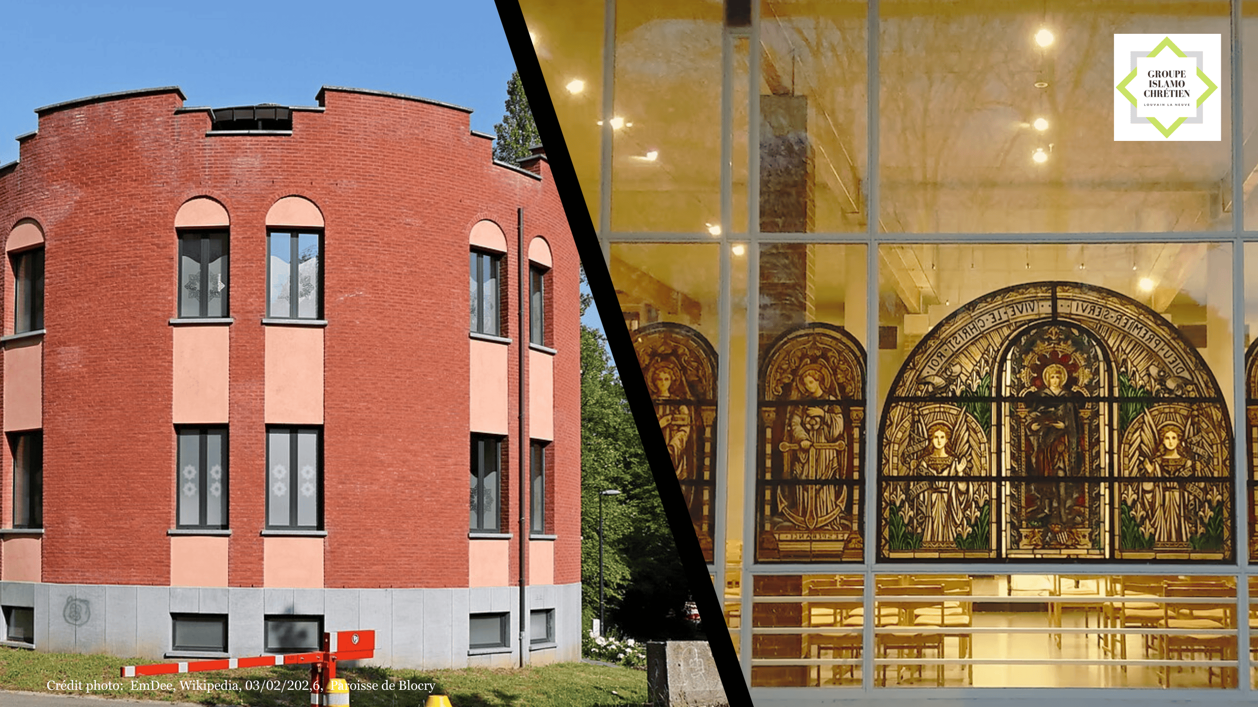 Photo de la mosquée de Louvain-la-Neuve et de l'église de Blocry qui hébergent un groupe islamo-chrétien qui se réunit régulièrement pour mieux se connaître.