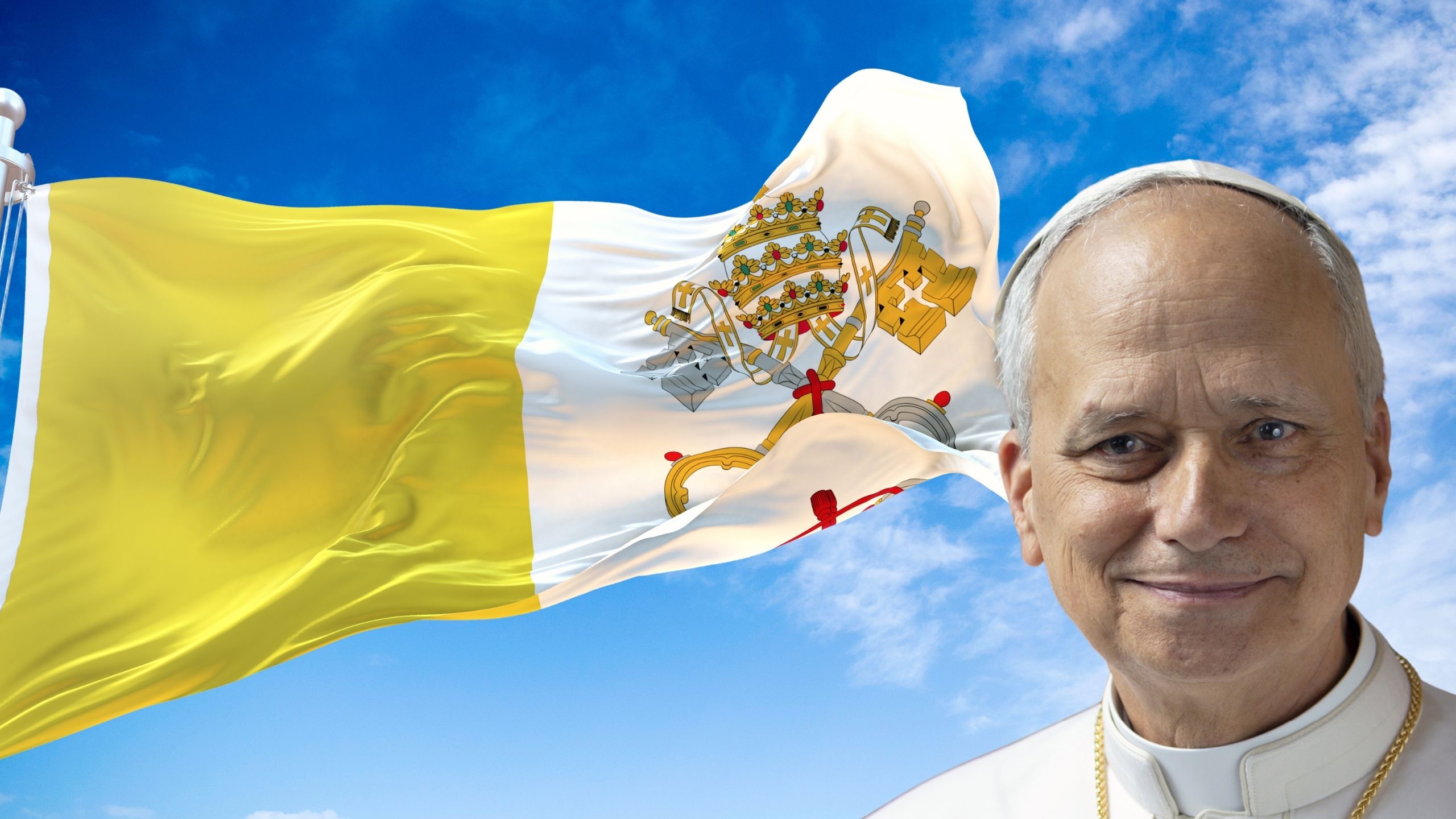 Photo du Pape Léon devant le drapeaux du Vatican, sur fond de ciel bleu