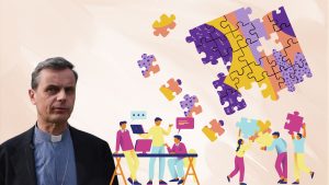 On voit Mgr Terlinden demandant les contributions des chrétien·ne·s pour sa lettre pastorale. Contributions matérialisées sous forme de puzzle.