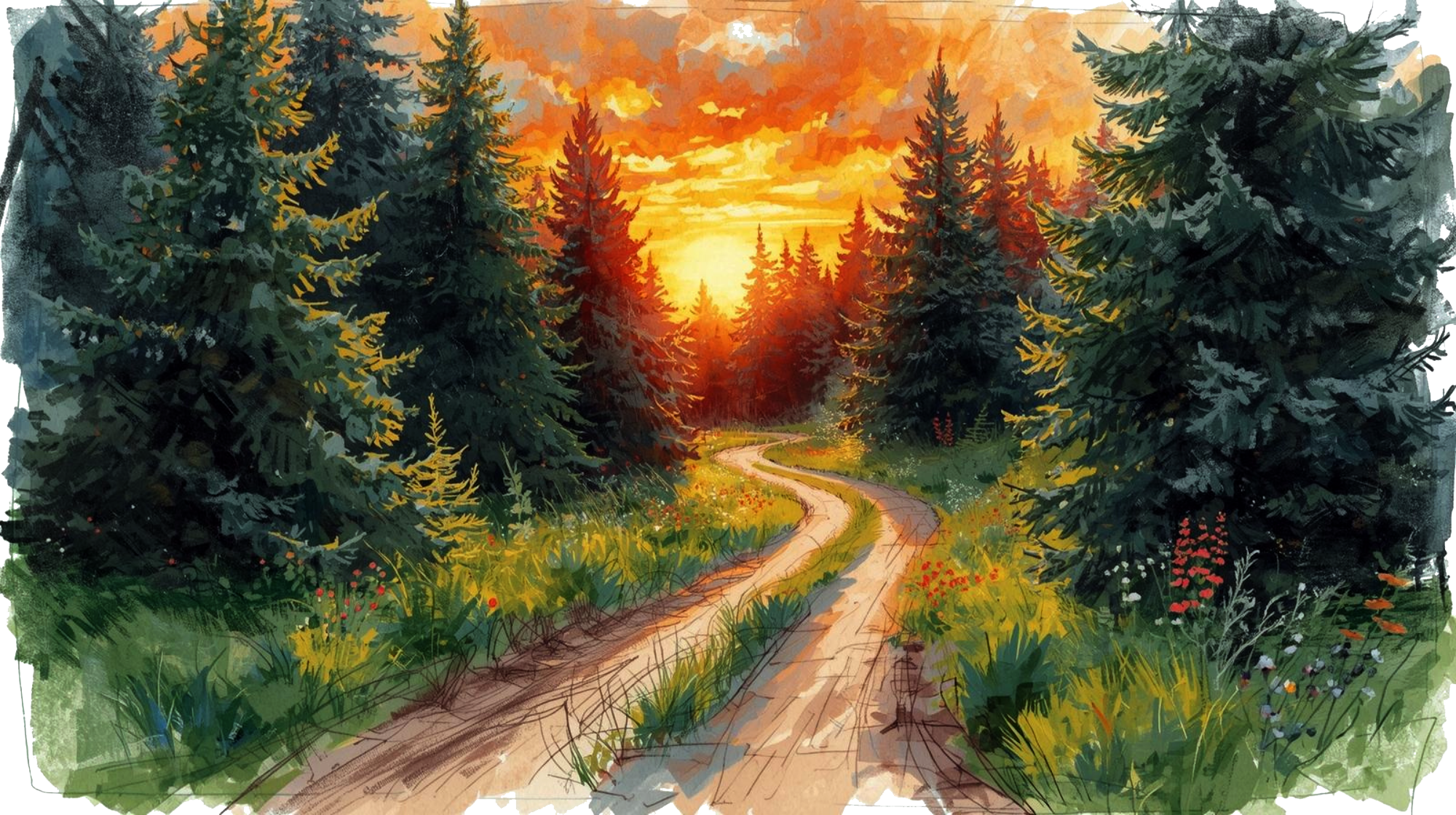 BAnnière représentant un dessin de forêt traversé par un chemin