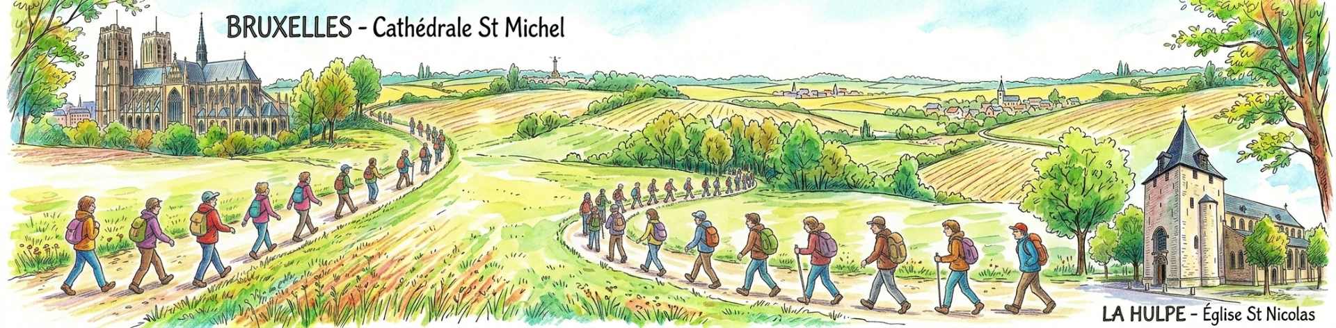 dessin illustrant le pèlerinage de l'église Saint-Nicolas à la Hulpe à la Cathédrale de Bruxelles