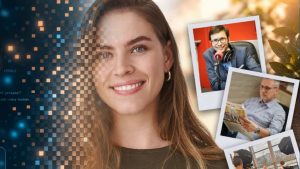 Bannière pour le dimanche des médias : montage photo représentant une jeune femme et des journalistes ou lecteurs de la presse