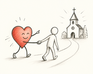 Dessin d'un bonhomme tenant par la main son cœur pour aller à la messe. Le cœur fait le geste de pointer vers l'église.